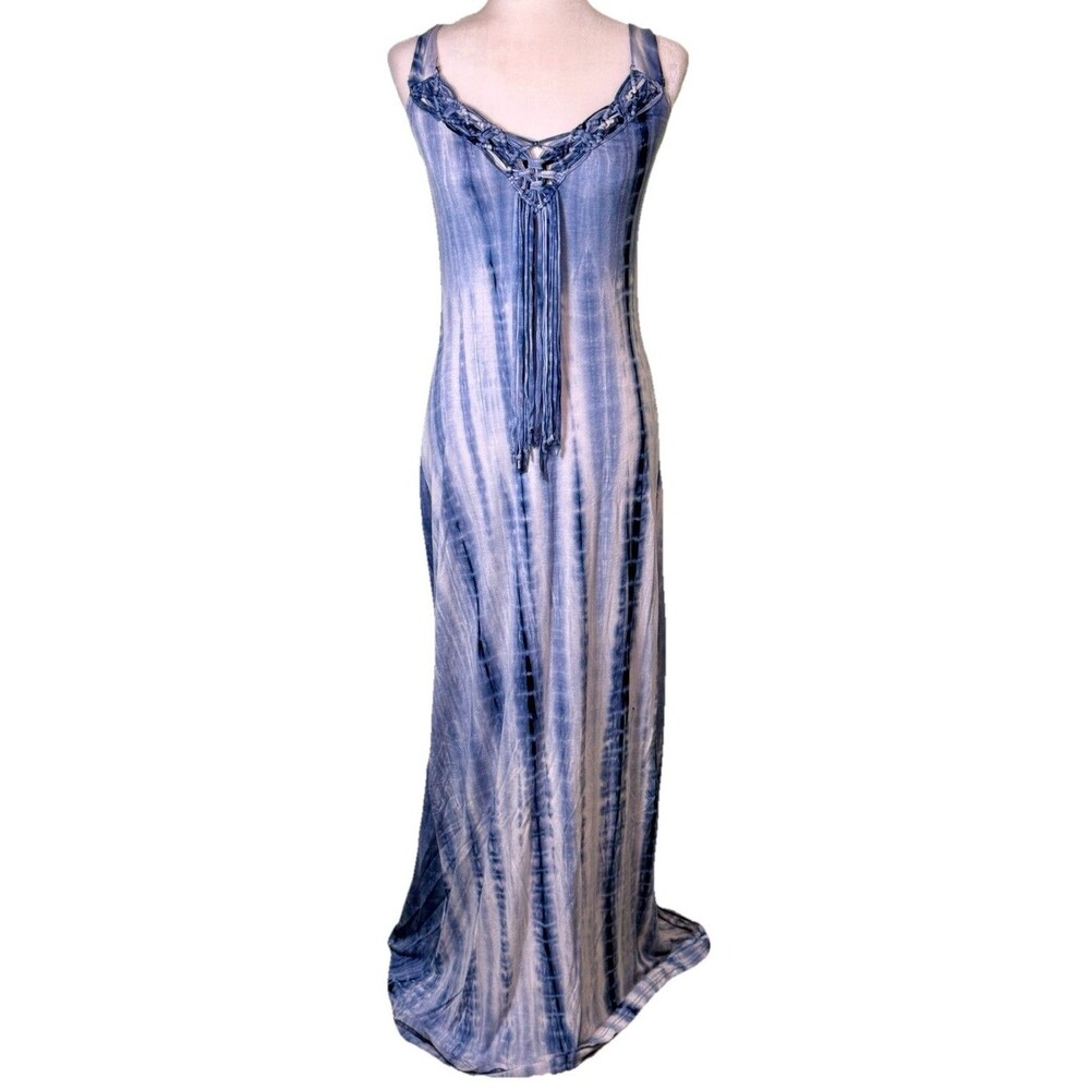 Women’s Blue Tie Dye Boho Maxi Dress Tassel Fringe Hippie Coastal Beach Sz Sm